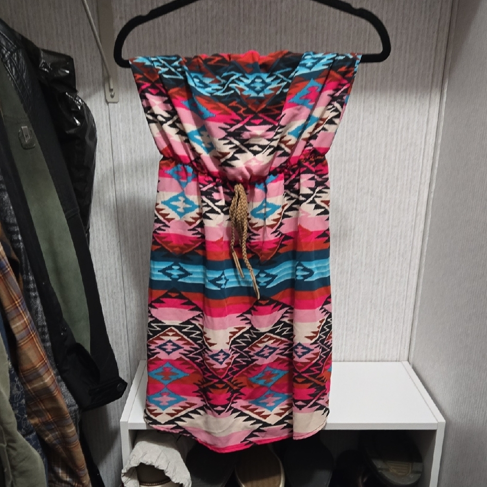 Xhilaration Strapless Dress with Pink and Blue Tribal Print